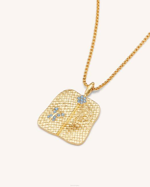 18 karátos aranyozott és tengerkék cirkon és zöld nano JW PEI útifű legyező medál nyaklánc 2B82355